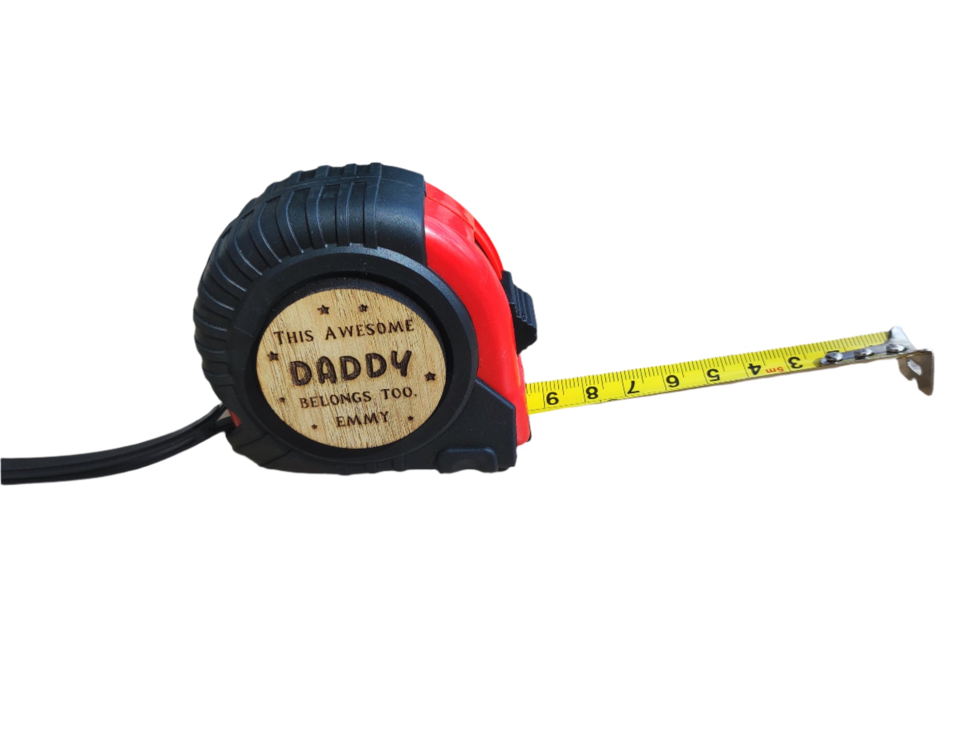Personalised tape measure with a wooden disc engraved with This Awesome DADDY belongs too...