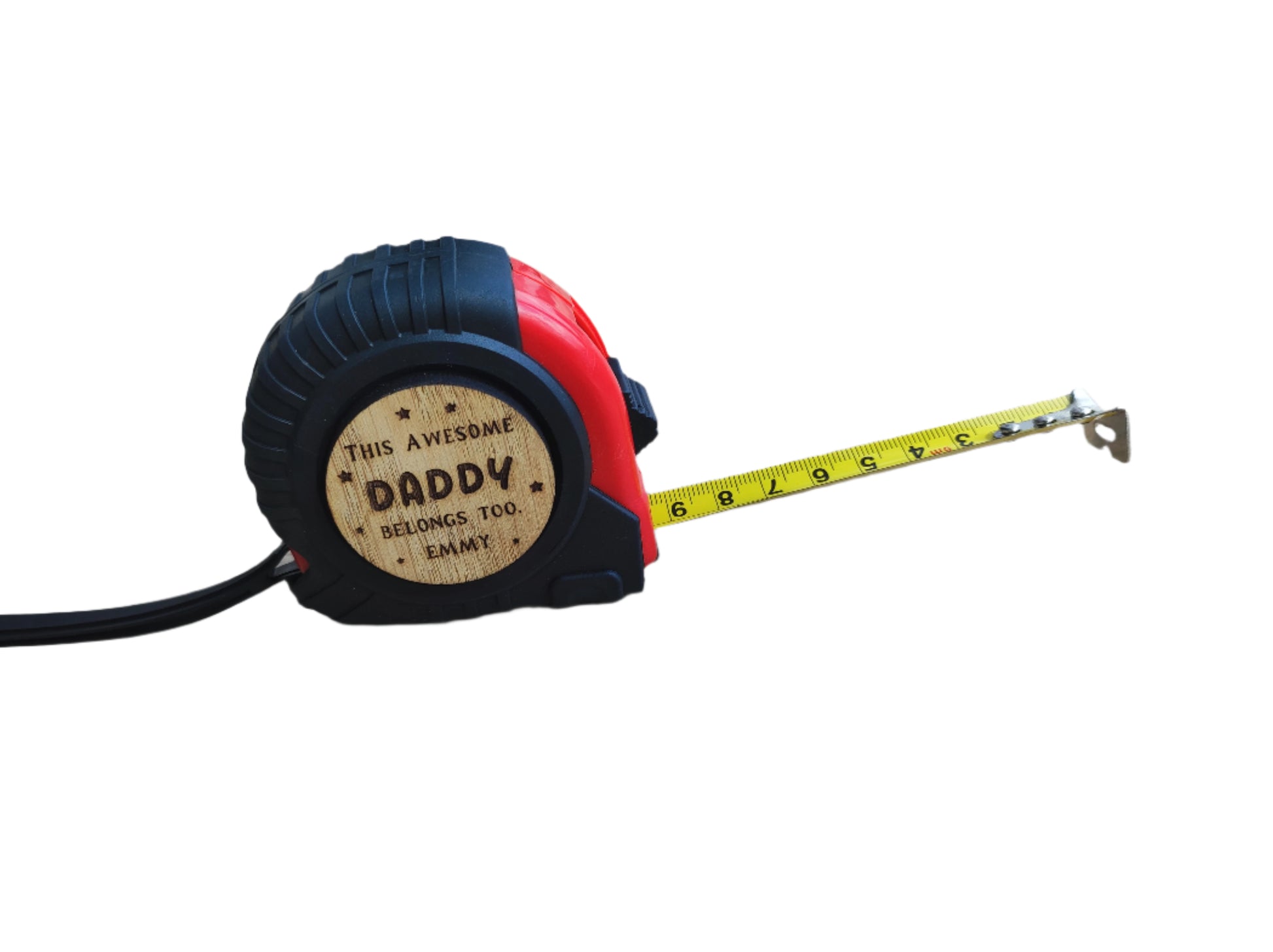 Personalised tape measure with a wooden disc engraved with This Awesome DADDY belongs too...