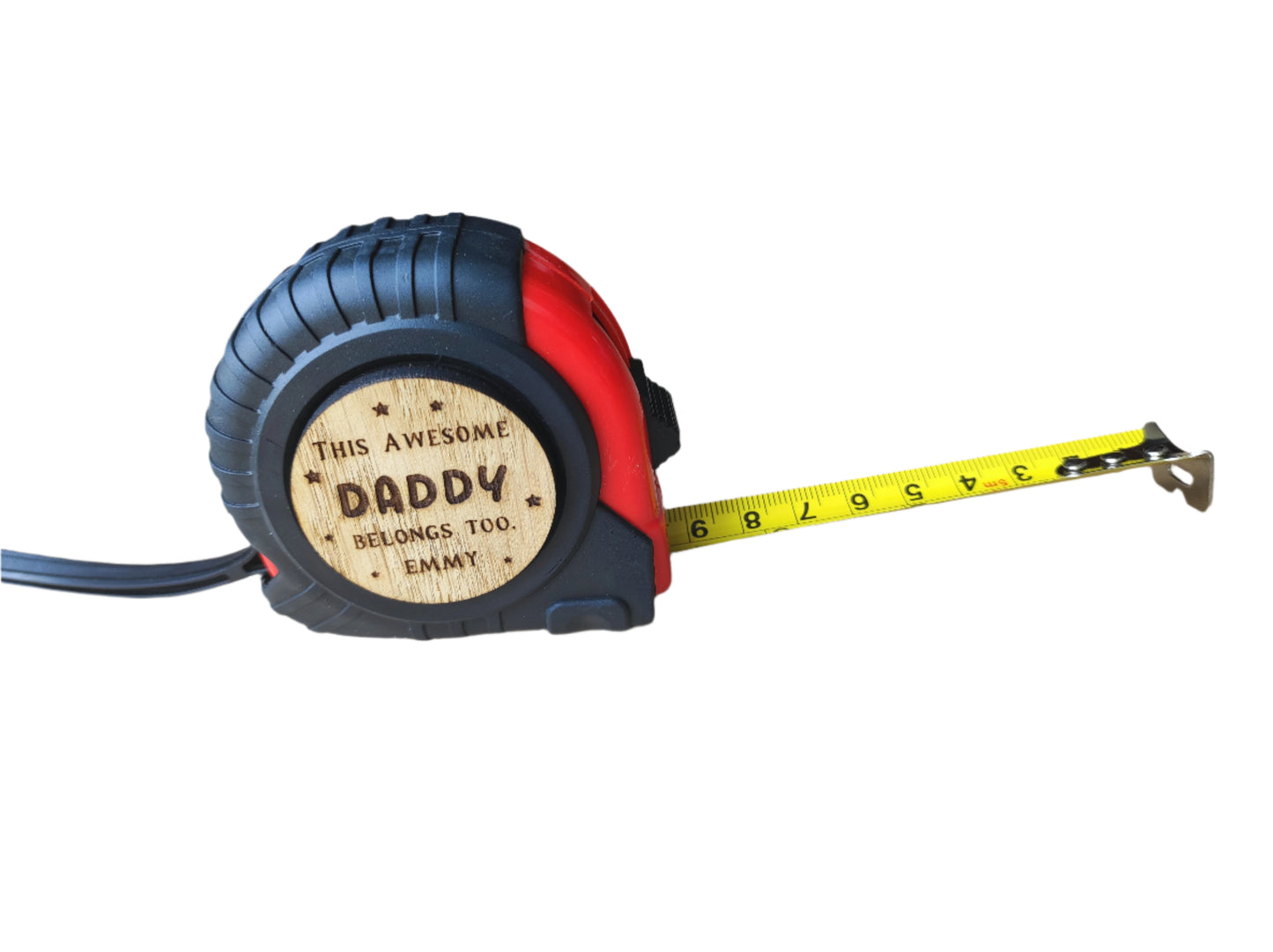 Personalised tape measure with a wooden disc engraved with This Awesome DADDY belongs too...