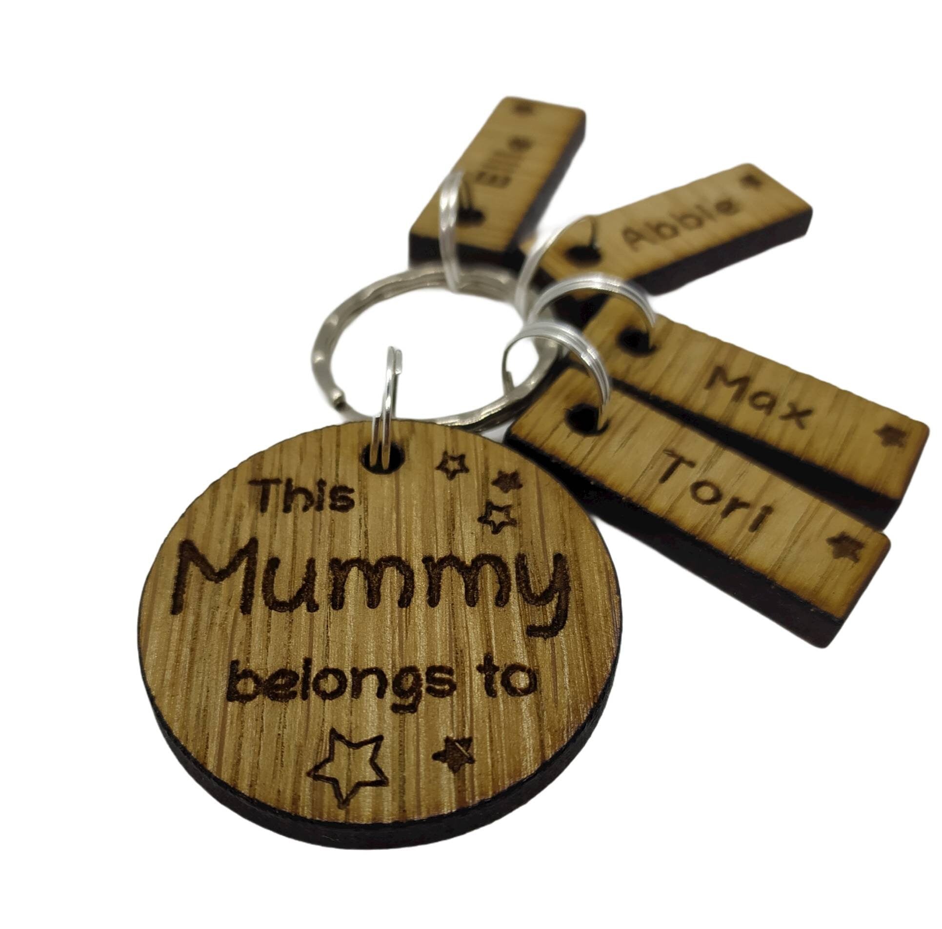 This Mummy belongs to circle keyring with engraved rectangle name charms attached.