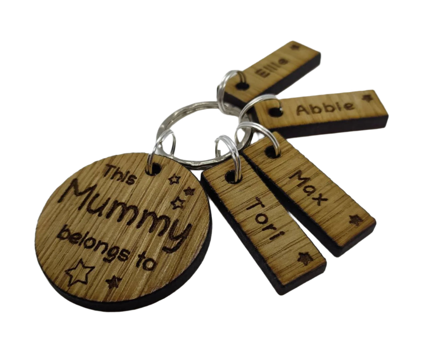 This Mummy belongs to circle keyring with engraved rectangle name charms attached.