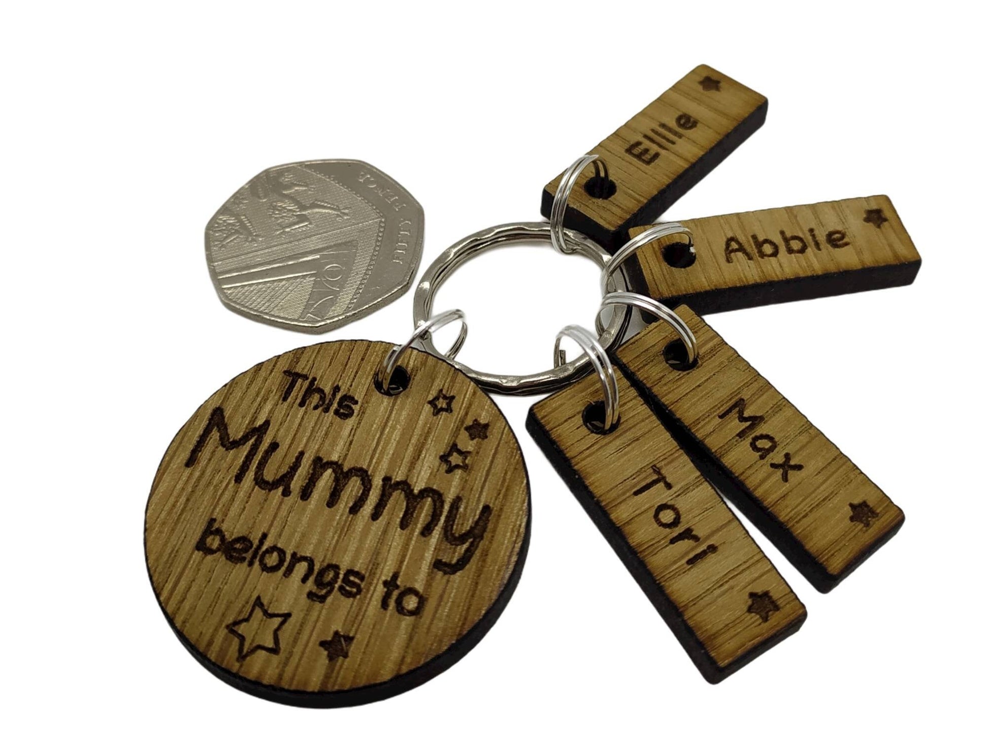 This Mummy belongs to circle keyring with engraved rectangle name charms attached.