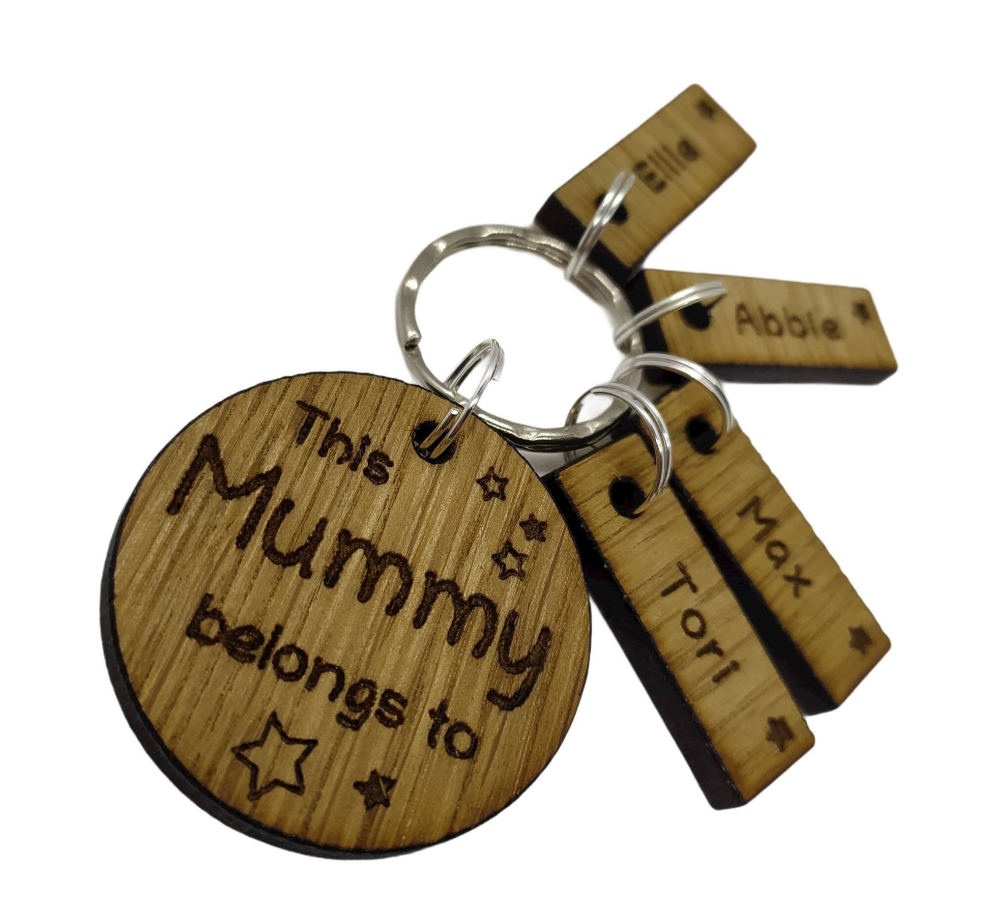 This Mummy belongs to circle keyring with engraved rectangle name charms attached.