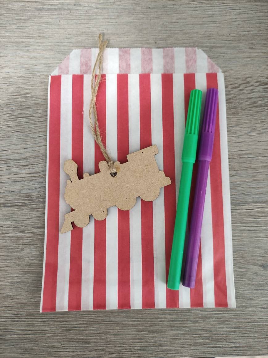 Wooden laser-cut shape with a hole at the top for hanging, string included, and 2 coloured pens inside a paper bag.