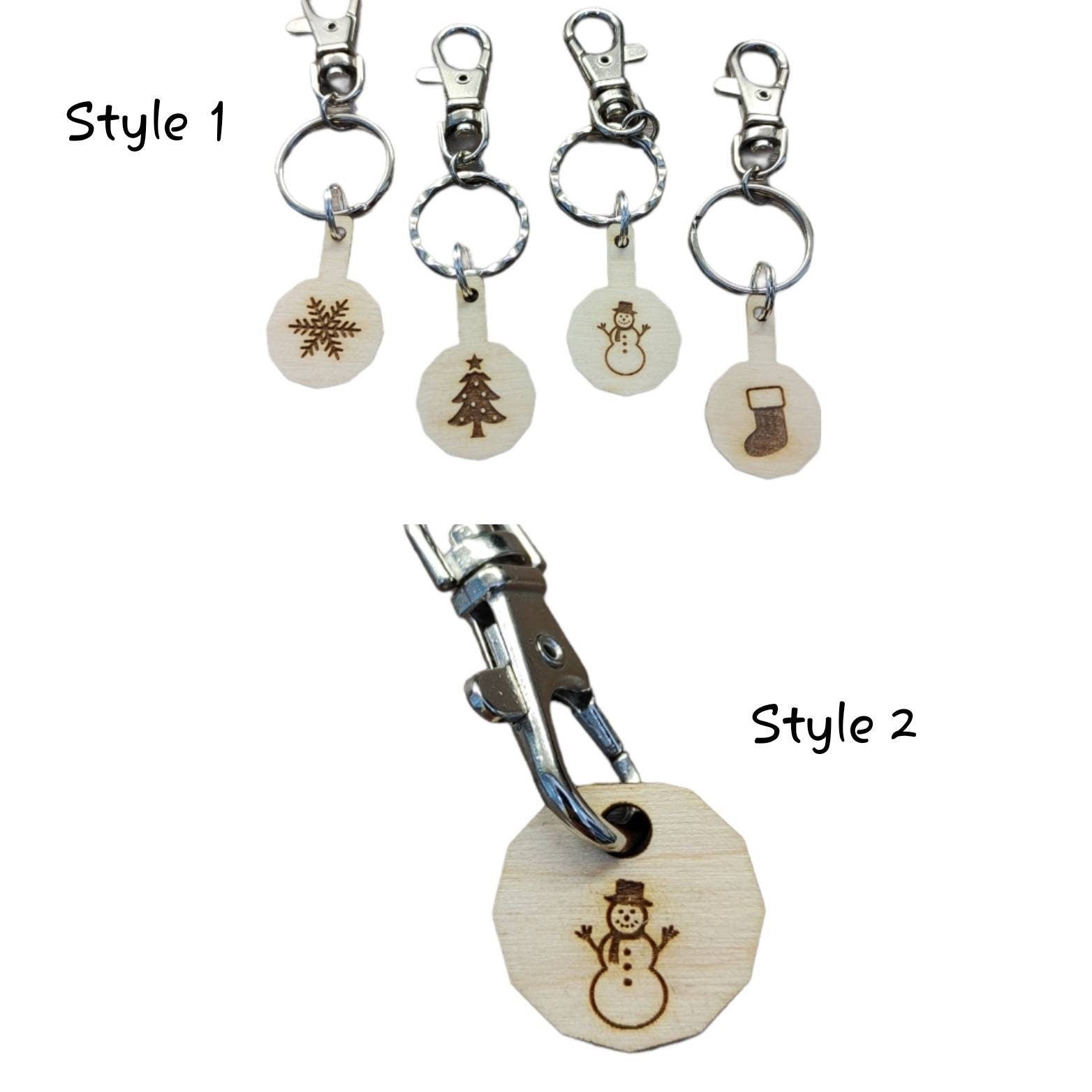 Personalised trolley keyring with a letter initial or Christmas design, same shape and thickness as a £1 coin, attached to a split ring and clip.