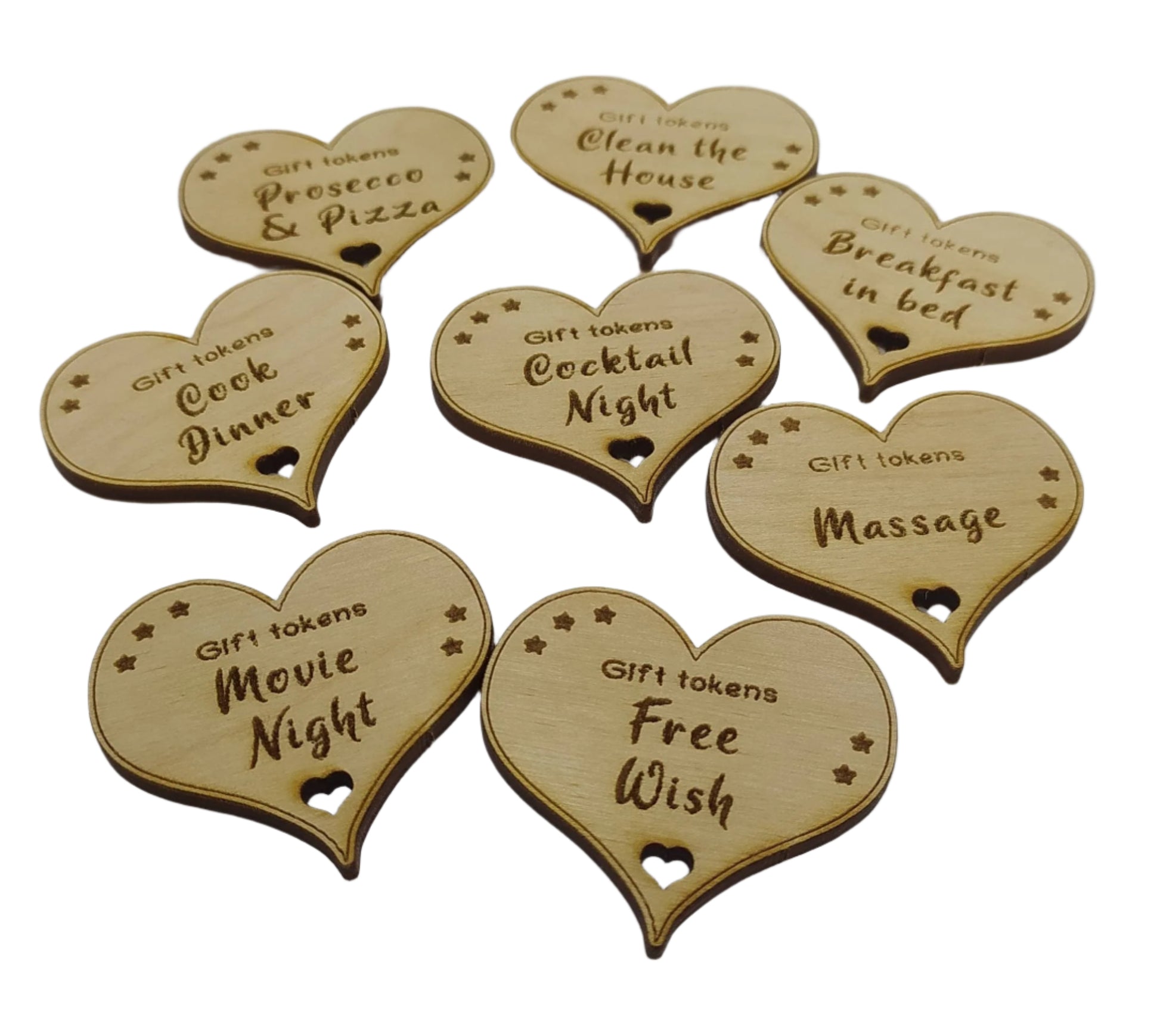 Personalised heart-shaped gift tokens, custom engraved with a message. A charming keepsake perfect for gifting, featuring a smooth finish and unique design.
