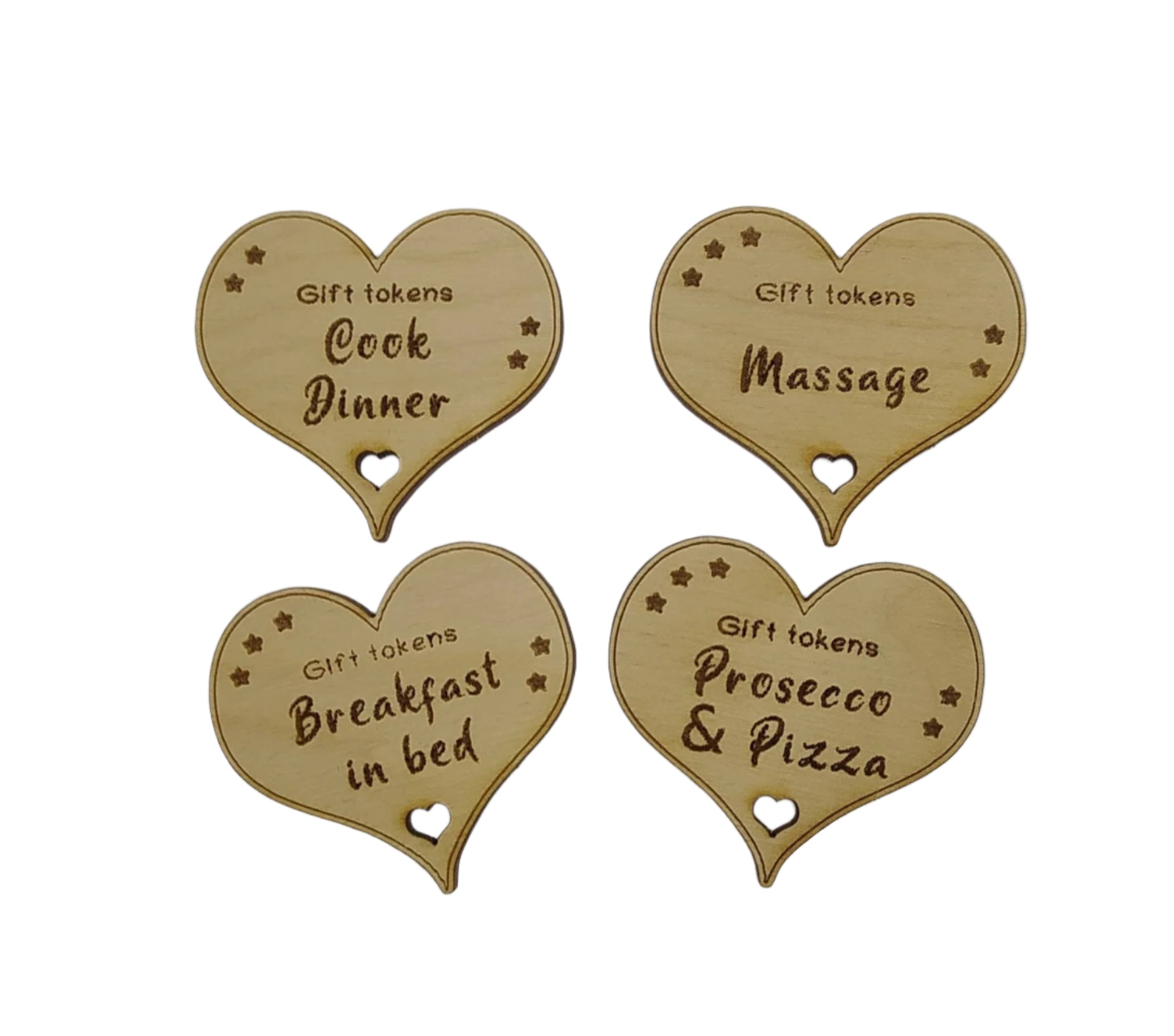 Personalised heart-shaped gift tokens, custom engraved with a message. A charming keepsake perfect for gifting, featuring a smooth finish and unique design.