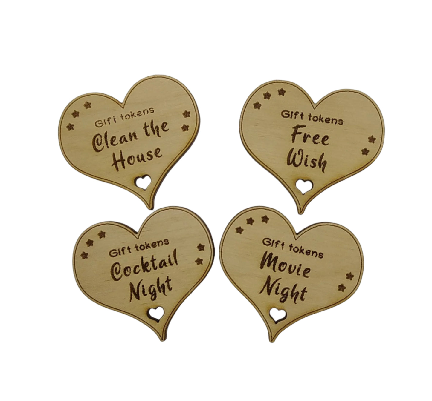 Personalised heart-shaped gift tokens, custom engraved with a message. A charming keepsake perfect for gifting, featuring a smooth finish and unique design.