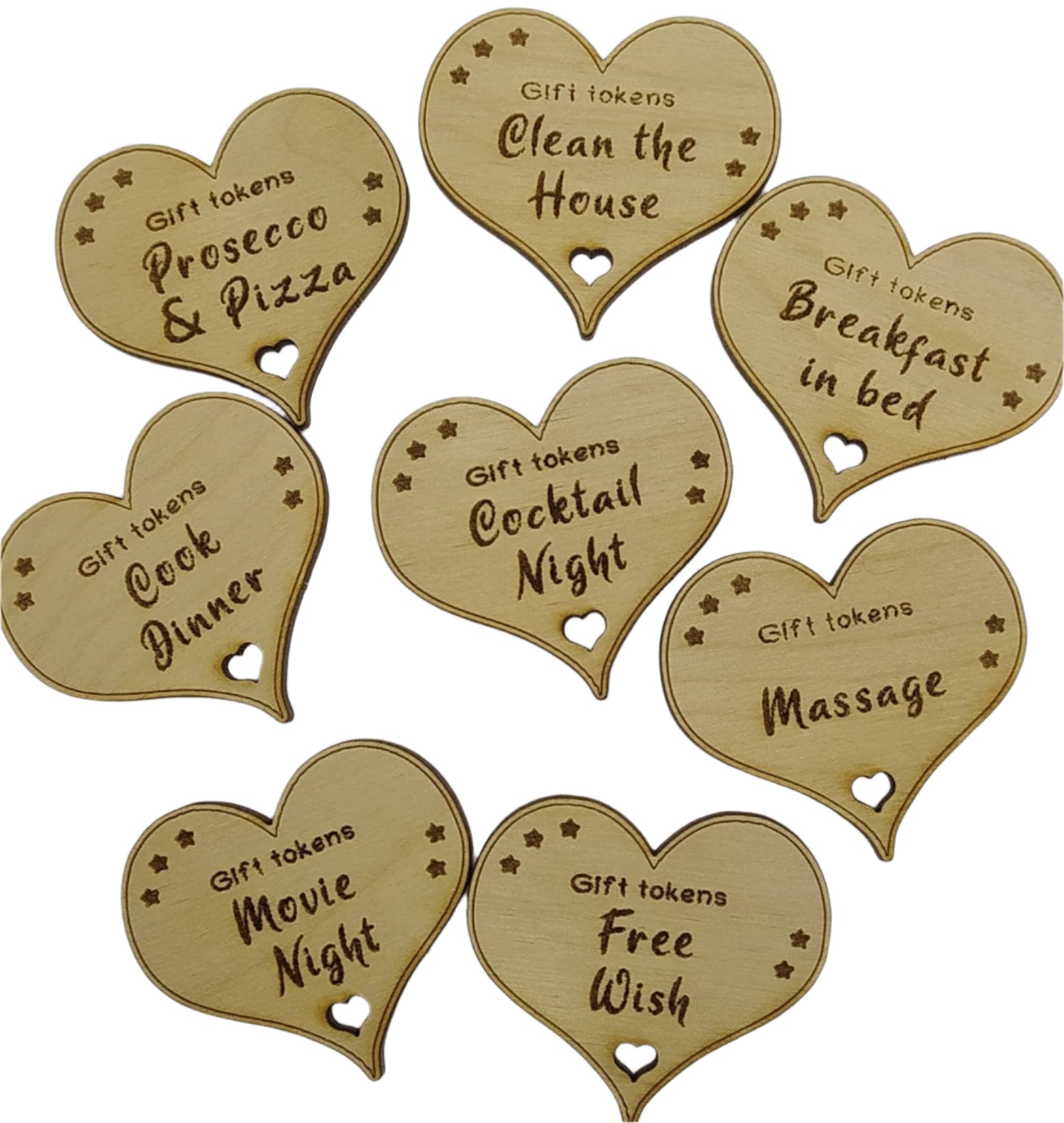 Personalised heart-shaped gift tokens, custom engraved with a message. A charming keepsake perfect for gifting, featuring a smooth finish and unique design.