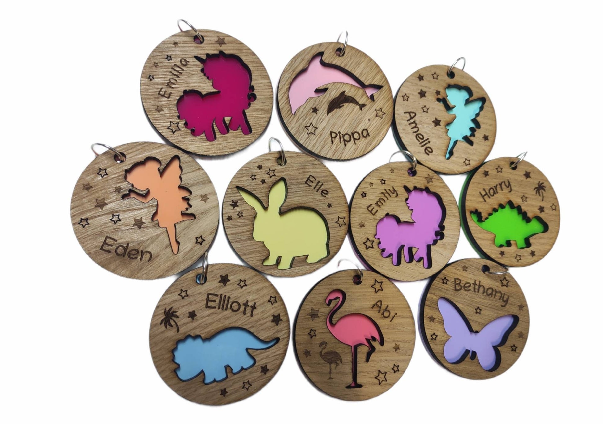 Personalised Kids Keychain – Fun Animal Design on Oak Veneer, Engraved with Any Name, Perfect for School Bags or Luggage