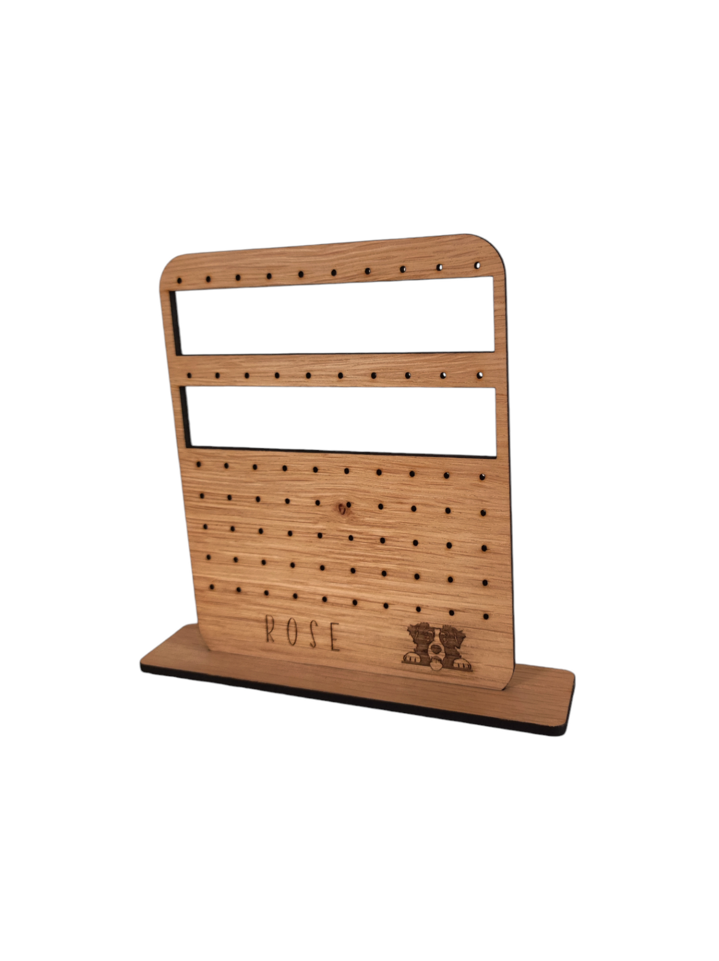 Dog wooden earring holder, with 2rows for hoops/hooks and 5 rows for studs.  