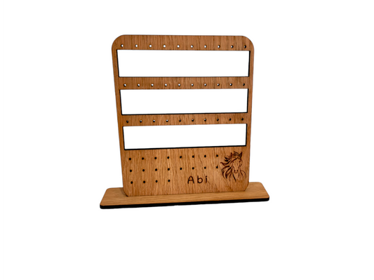 Personalised wooden earring holder for studs & hoops/hook, wit 3 rows for Hoops/Hooks and 3 row for studs. With a Horse design.