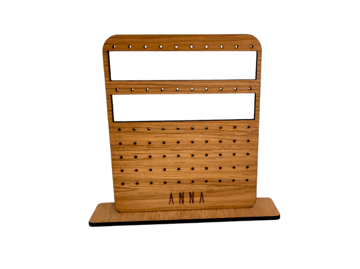 Personalised wooden earring holder, with 2rows for hoops/hooks and 5 rows for studs.  