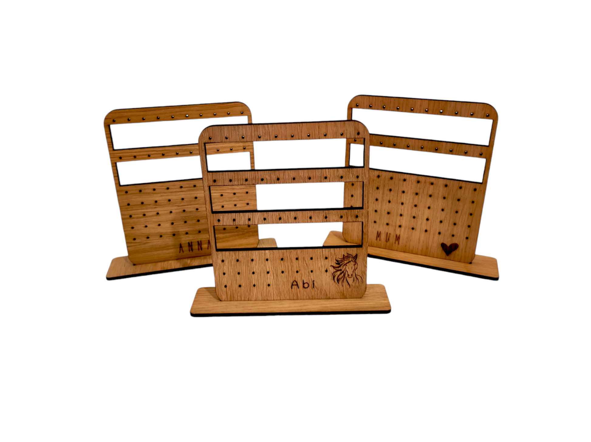 Personalised wooden earring holder for studs & hoops/hook, wit 3 rows for Hoops/Hooks and 3 row for studs. 