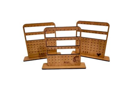 Personalised wooden earring holder for studs & hoops/hook, wit 3 rows for Hoops/Hooks and 3 row for studs. 