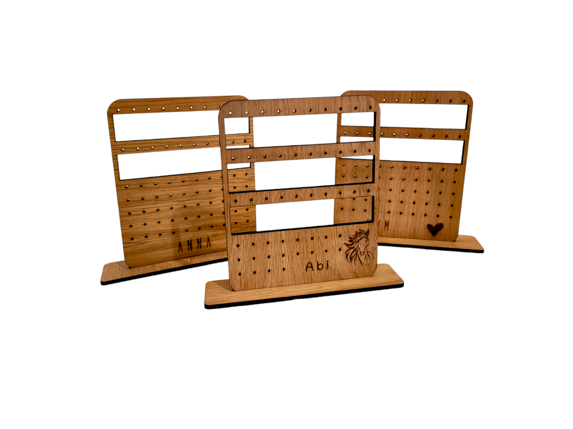 Wooden earring holder, with 2rows for hoops/hooks and 5 rows for studs.  