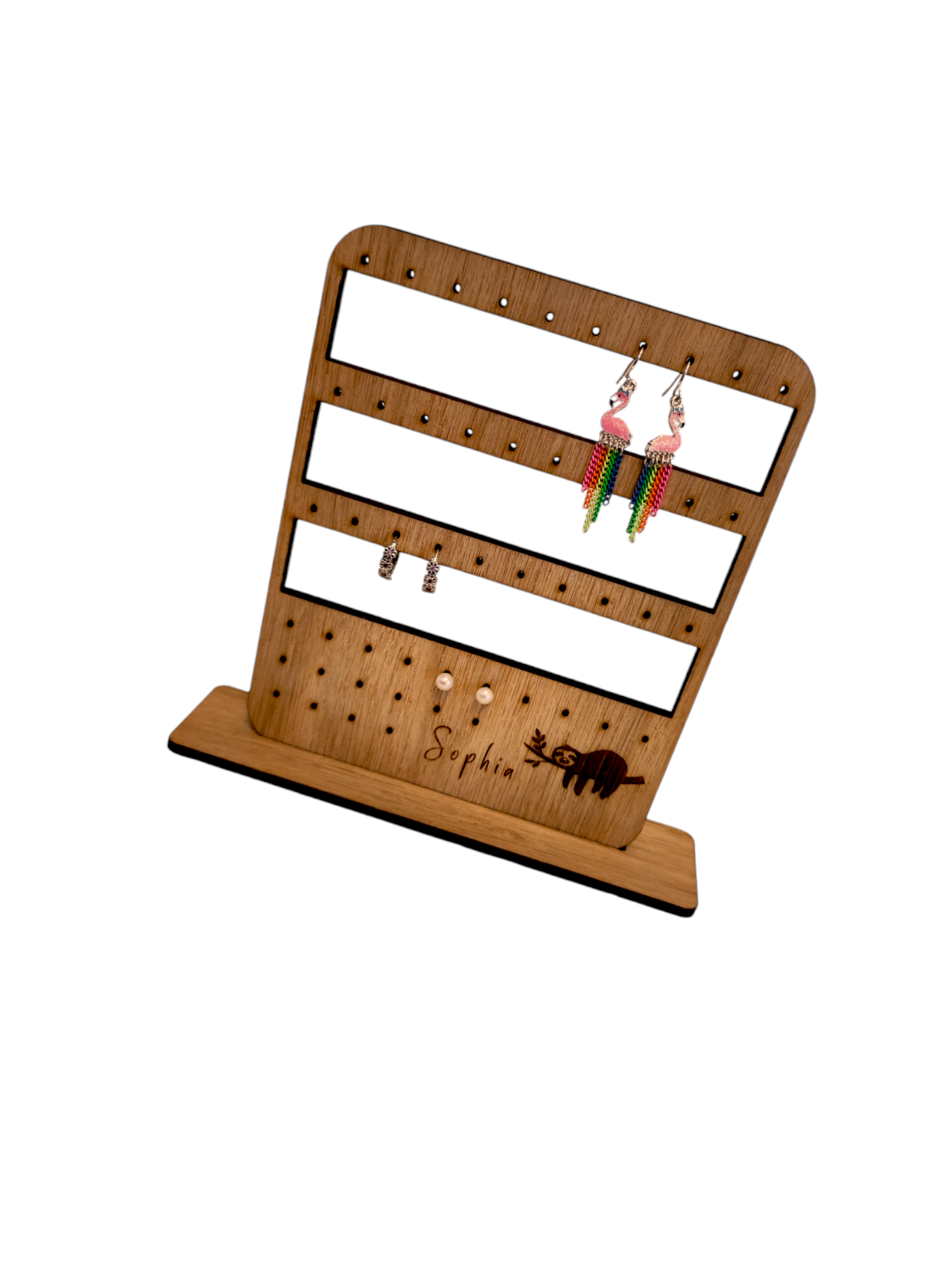 Personalised wooden earring holder for studs & hoops/hook, wit 3 rows for Hoops/Hooks and 3 row for studs. With a Sloth design.