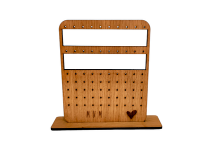 Heart design, wooden earring holder, with 2rows for hoops/hooks and 5 rows for studs.  