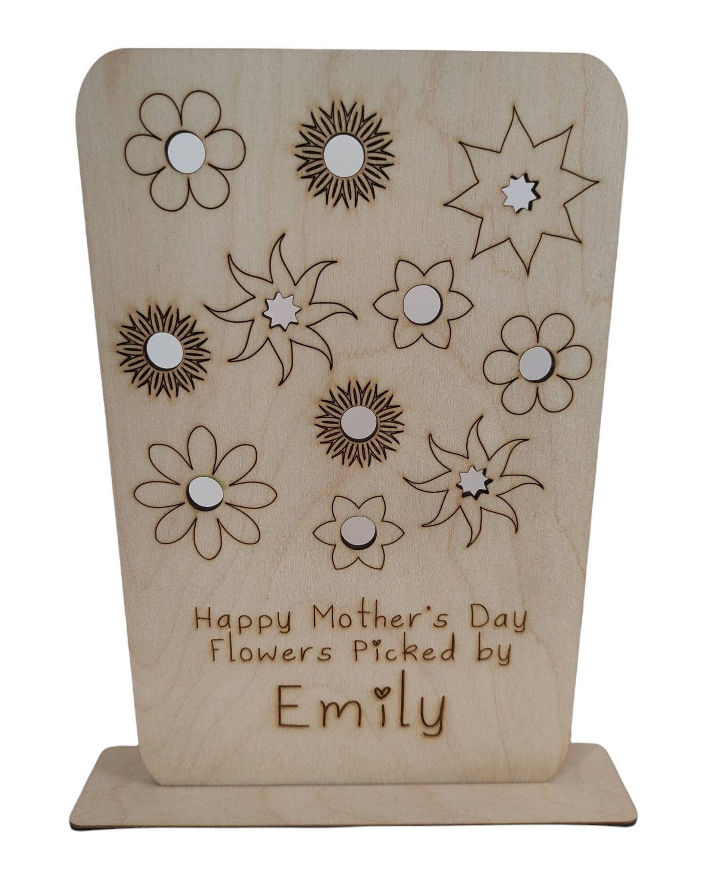 Personalised wooden floral decoration, intricately laser-engraved with flower designs and featuring holes to add your own blooms. 