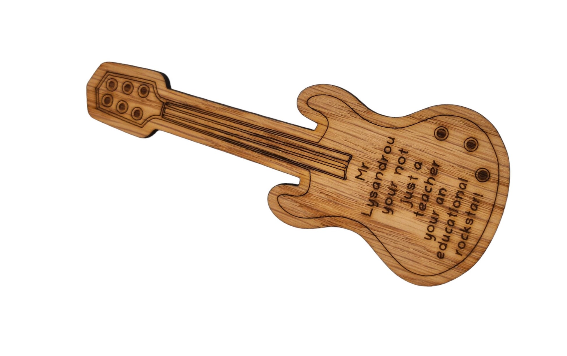 Personalised oak veneer guitar bookmark engraved with any name, followed by the message 'You're not just a teacher, you're an educational rockstar!' A perfect gift for music teachers or guitar lovers.