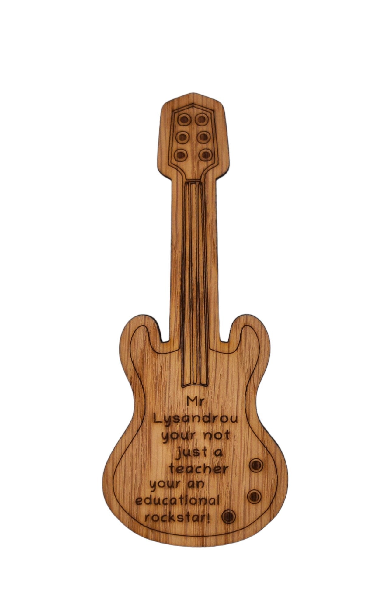 Personalised oak veneer guitar bookmark engraved with any name, followed by the message 'You're not just a teacher, you're an educational rockstar!' A perfect gift for music teachers or guitar lovers.