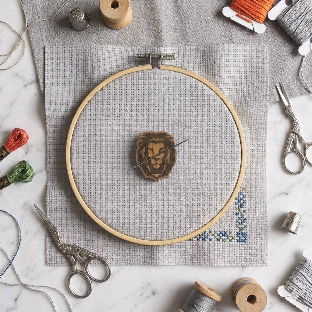 Lion magnetic needle minder, laser engraved oak, for cross stitch and embroidery