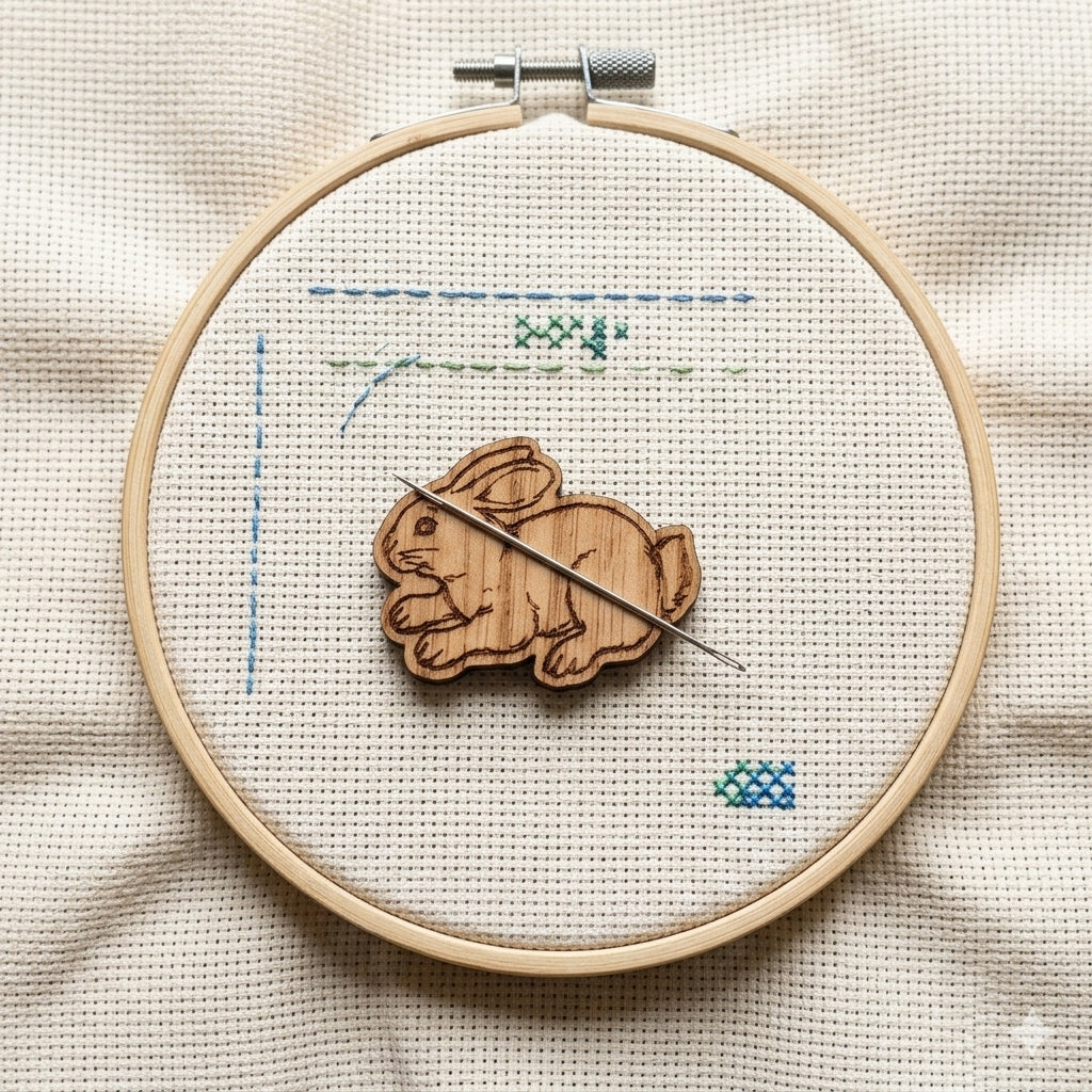 Rabbit magnetic needle minder, laser engraved oak, for cross stitch and embroidery