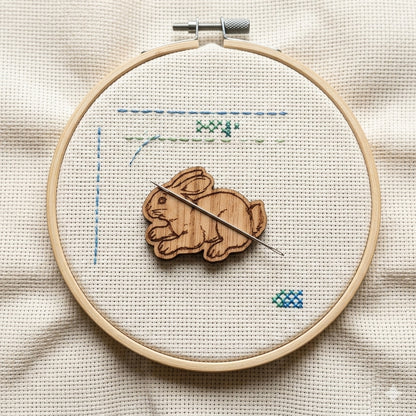 Rabbit magnetic needle minder, laser engraved oak, for cross stitch and embroidery