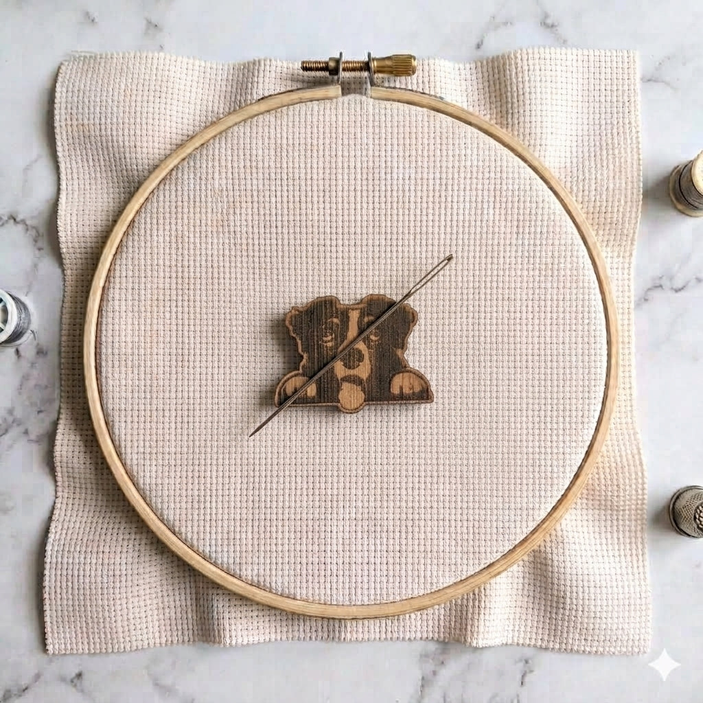 Border Collie magnetic needle minder, laser engraved oak, for cross stitch and embroidery