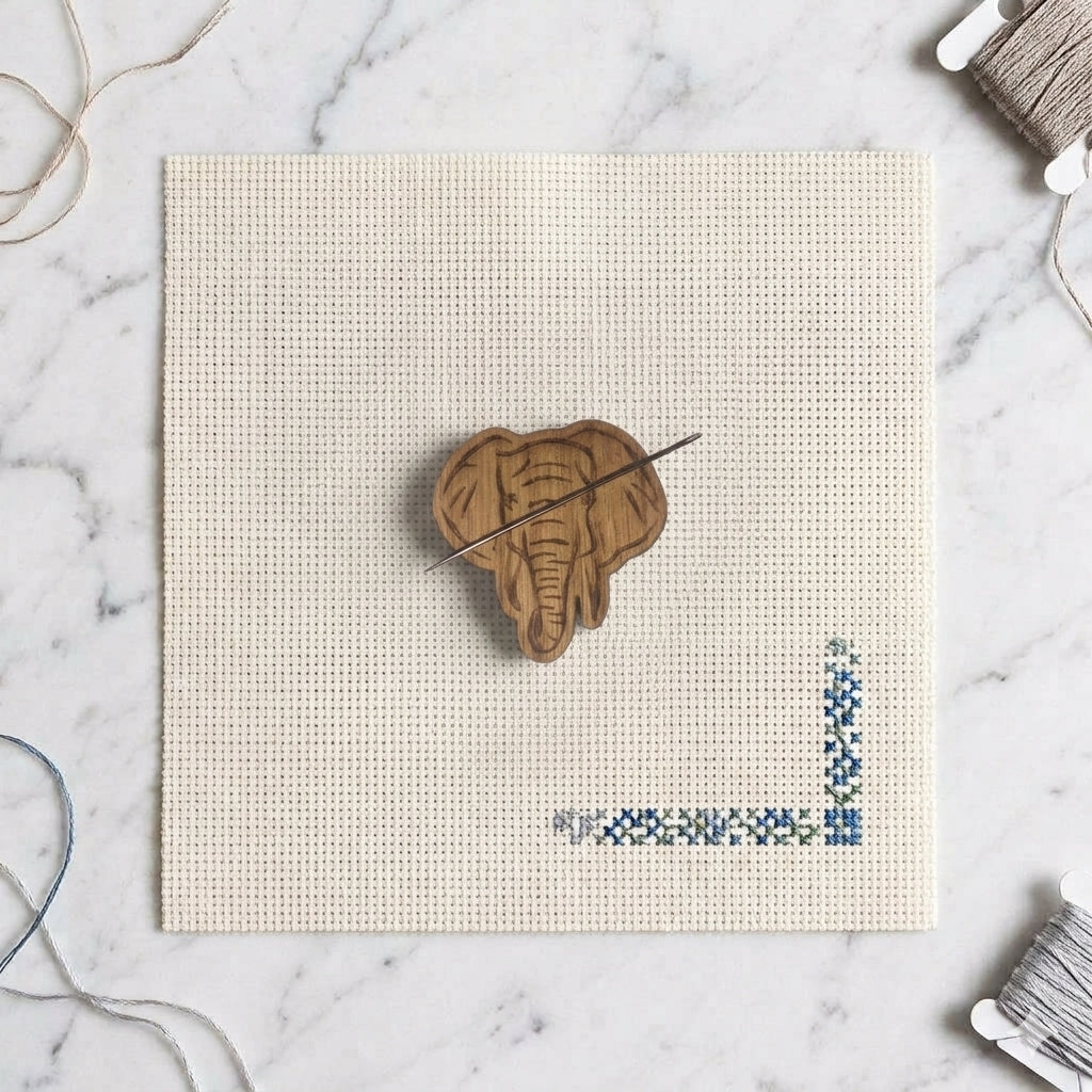 Elephant magnetic needle minder, laser engraved oak, for cross stitch and embroidery