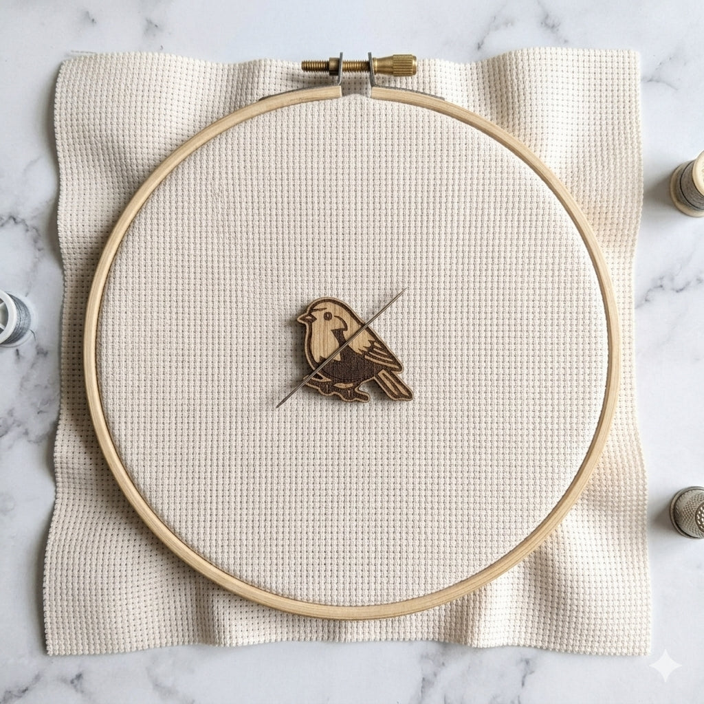 Robin magnetic needle minder, laser engraved oak, for cross stitch and embroidery