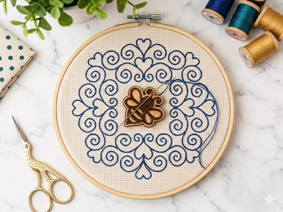 Bee magnetic needle minder, laser engraved oak, for cross stitch and embroidery