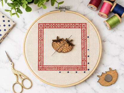 Strawberry magnetic needle minder, laser engraved oak, for cross stitch and embroidery