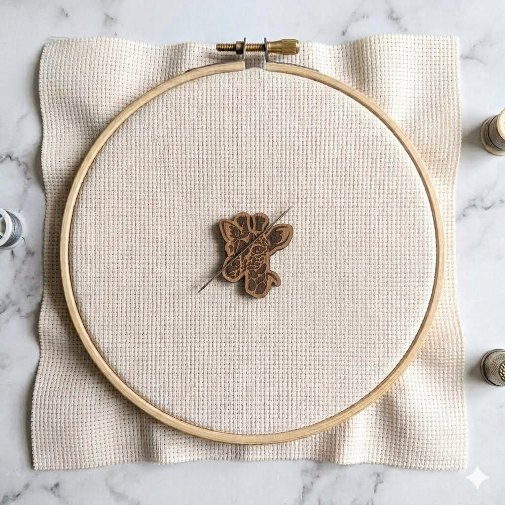 Giraffe magnetic needle minder, laser engraved oak, for cross stitch and embroidery